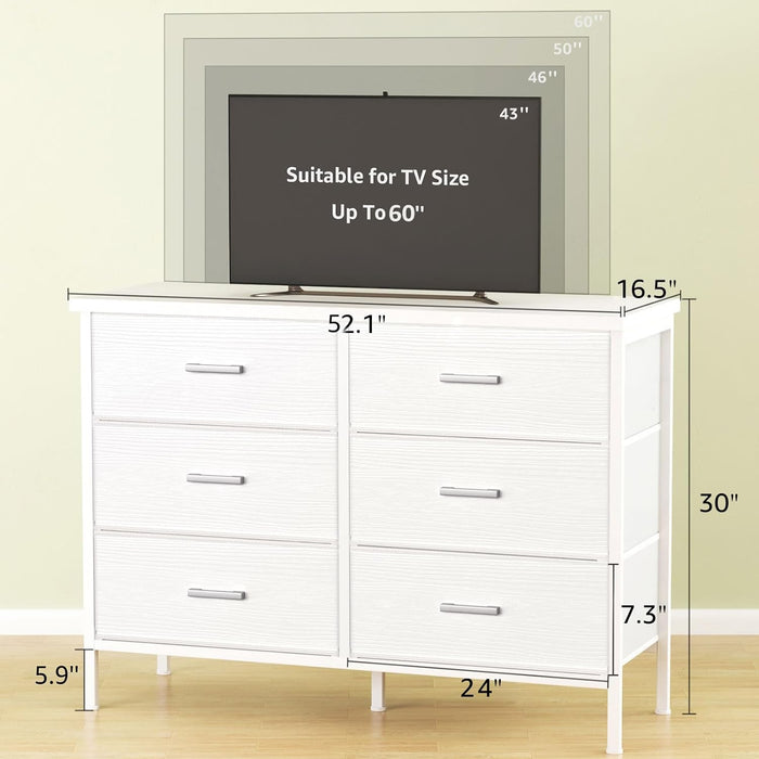 Large White Dresser for Bedroom 6 Drawer, Wide Fabric Dressers & Chests of Drawers Modern