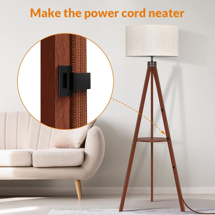Tripod Floor Lamp, Mid Century Wood Standing Lamp, Modern Design Shelf Floor Lamp for Living Room, Bedroom, Office, Flaxen Linen Shade with E26 Base Brown