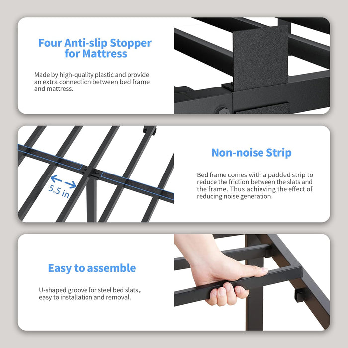 14 Inch King Size Bed Frame Metal Platform No Box Spring Needed with Headboard Hole round Corner Legs Mattress Stoppers Retainers 3500LBS Heavy Duty Steel Slats Noise-Free