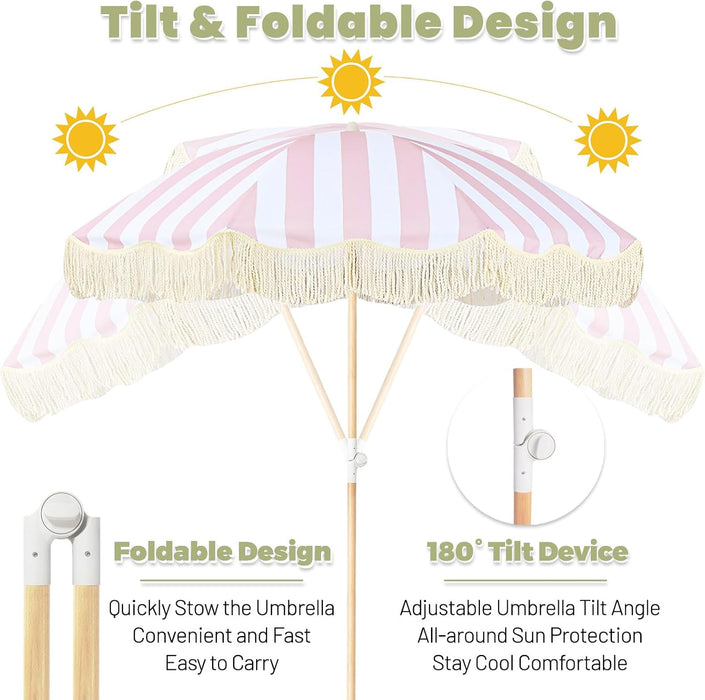 Boho Outdoor Umbrella with Tassels,6Ft Table Umbrella Outdoor Patio with Knobs Tilt,Wind Resistant Portable Beach Umbrella UPF50+ Fringe Umbrellas for Pool Backyard Deck Garden