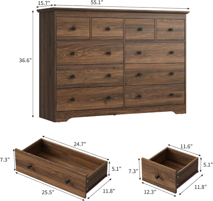 Modern 10 Drawer Dresser, 55.1" Wide Dressers & Chests of Drawers with Large Capacity Storage, Wood Mid Century Storage Dressers Organizer for Bedroom, Entryway, Brown