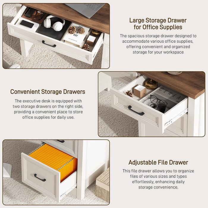 Farmhouse Executive Desk with Drawers, Home Office Desk with File Drawer, Wood Computer Desk with Ample Storage, Rustic Office Desk with Spacious Tabletop for Work, White