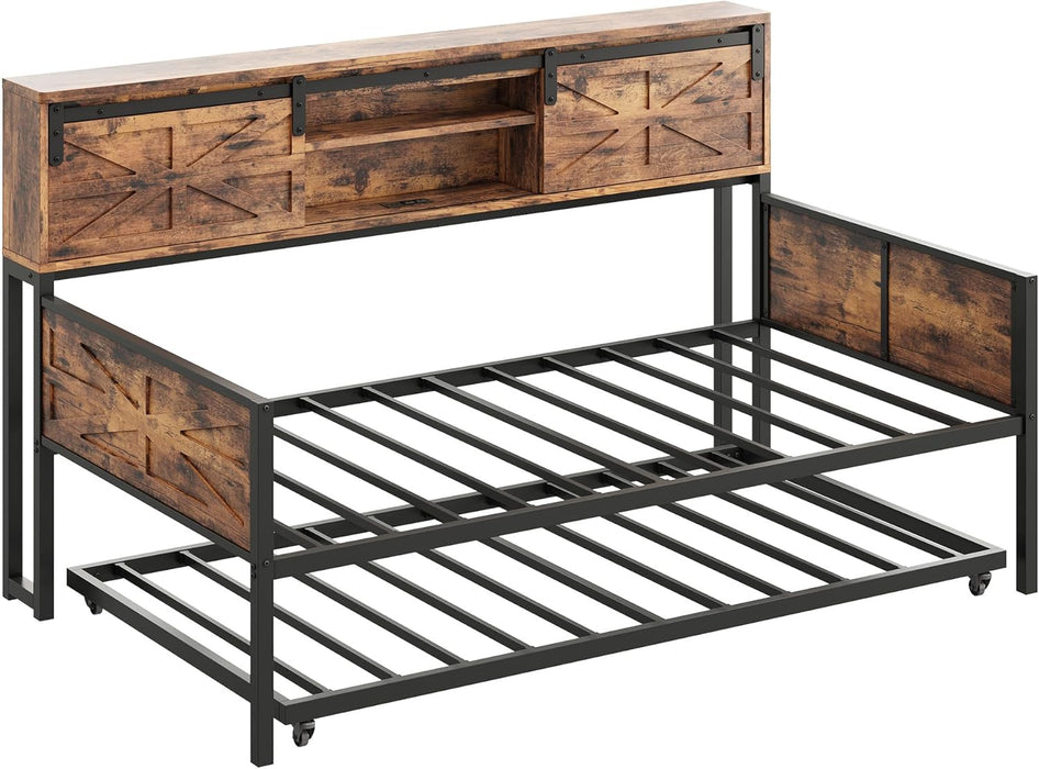 Daybed with Trundle Bed, Sofa Bed Twin with Charging Station, with Storage Headboard & Strong Support, for Living Room, Bedroom and Guest Room, Industrial Brown