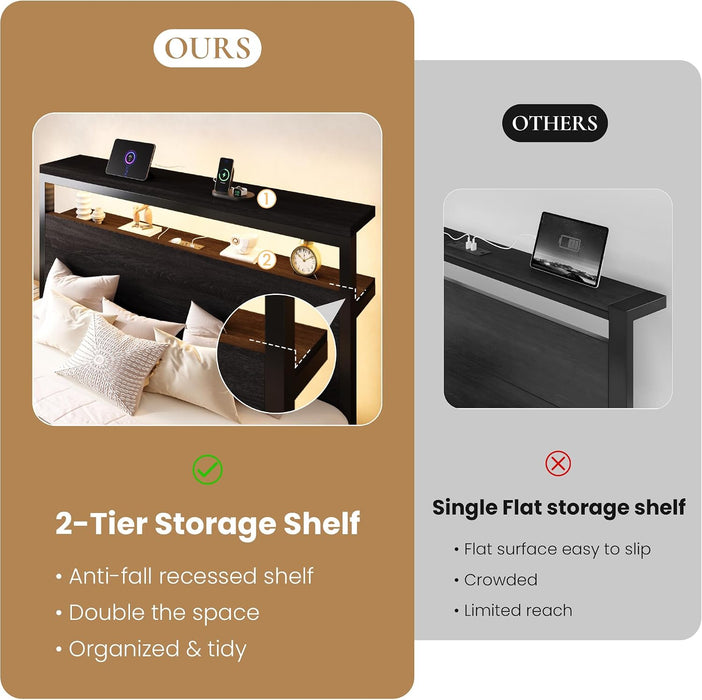 Queen Bed Frame, 2-Tier Storage Headboard, LED, Charging Station