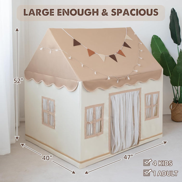 Kids Tent with Padded Mat Playhouse with Large Space for Toddlers Indoor Kids Play Tent for Girls Boys with Stars Lights, Carry Bag, Banner Flag (Brown)