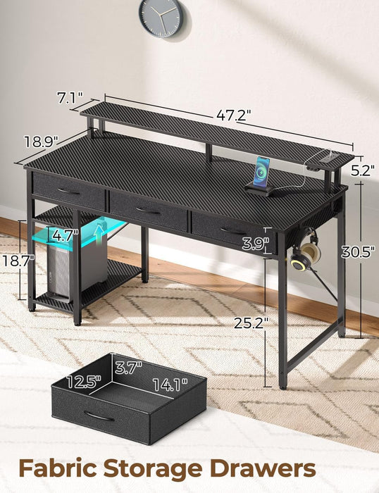 Computer Desk with Power Outlets & LED Light, 47 Inch Home Office Desk with 3 Drawers and Storage Shelves, Writing Desk with Monitor Stand, Modern Work Desk for Home Office, Carbon Black