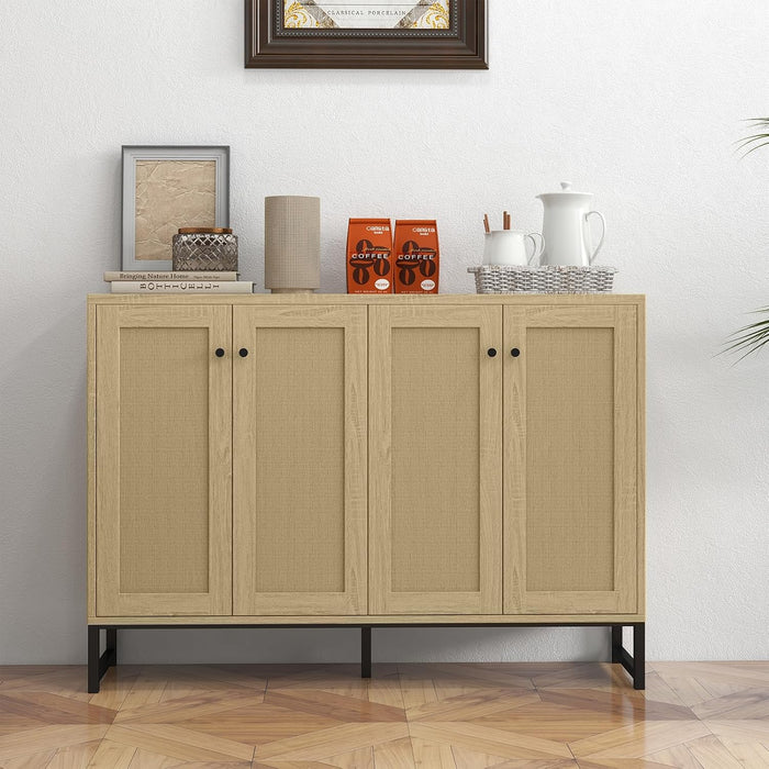 Sideboard Accent Storage Cabinet with Rattan Decorated 4 Doors Dining Room Freestanding Kitchen Buffet Table Cupboard (Natural)
