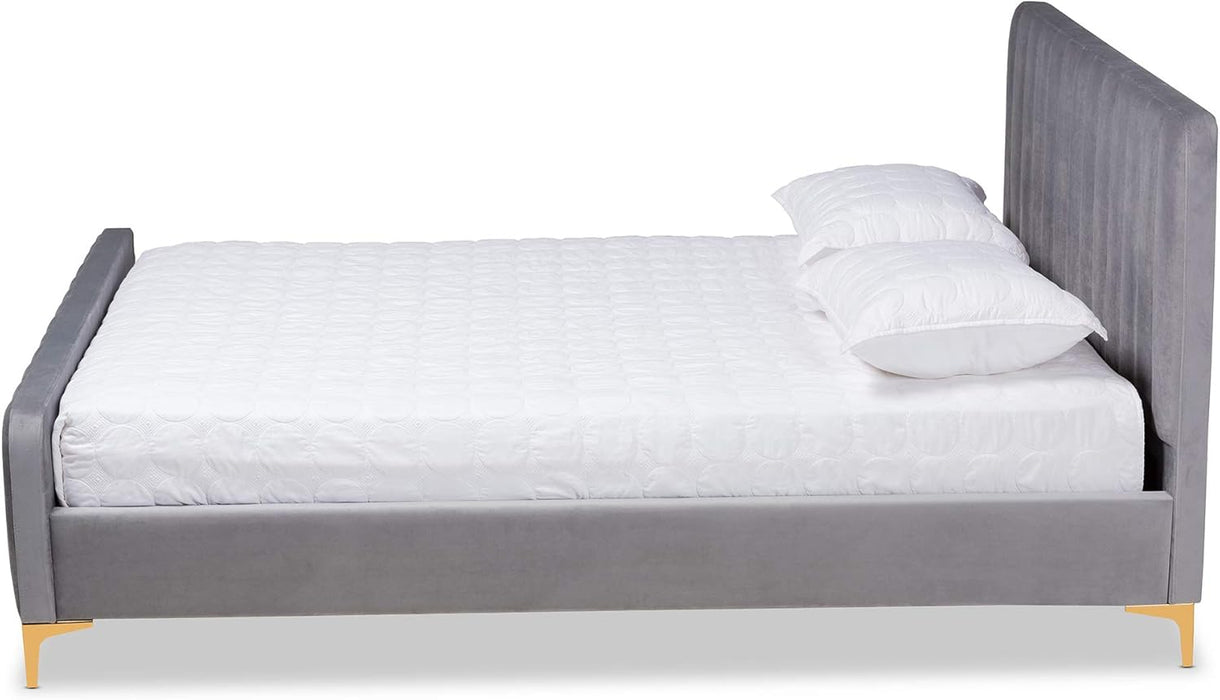 Nami Modern Contemporary Glam and Luxe Light Grey Velvet Fabric Upholstered and Gold Finished Queen Size Platform Bed