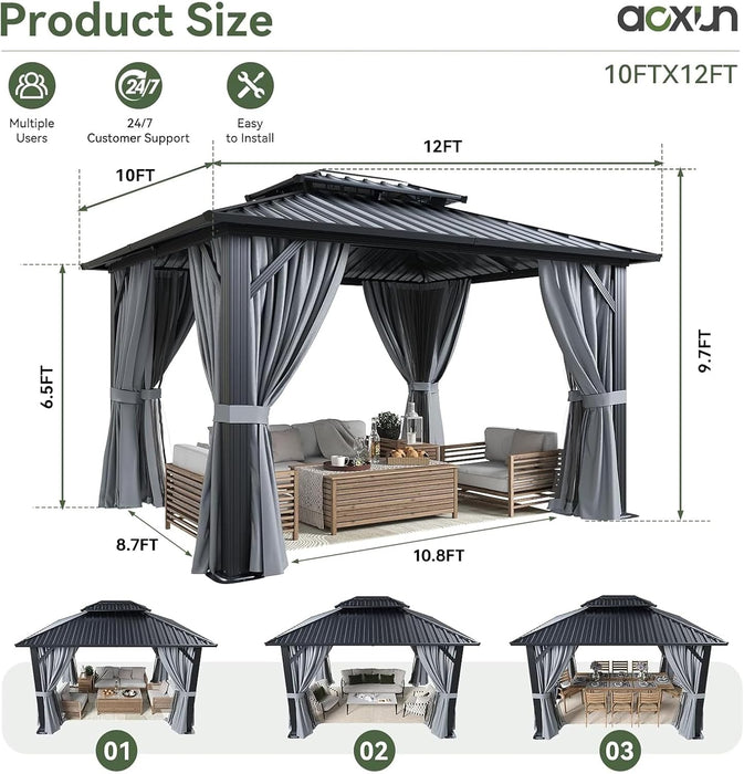 10X12 Gazebo Hardtop Gazebo with Double Galvanized Steel Roof Outdoor Pavilion with Breathable Netting and Privacy Curtain for Backyard (Gray)