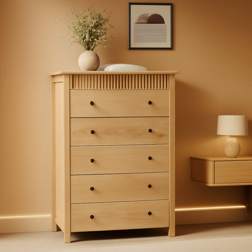 5 Drawer Dresser for Bedroom, Wooden Chest of Drawers, Fluted Storage Organizer for Living Room, Hallway, Entryway, Natural Oak