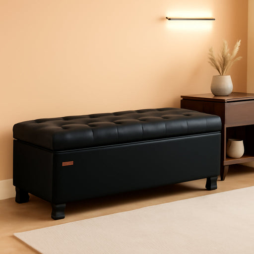 Storage Ottoman, Storage Bench, Tufted Entryway Bedroom Bench, 17.7 X 46.5 X 17.7 Inches, Hinges Easy Lid Operation, Wooden Legs, Synthetic Leather, Loads 330 Lb, Classic Black ULOM071B01