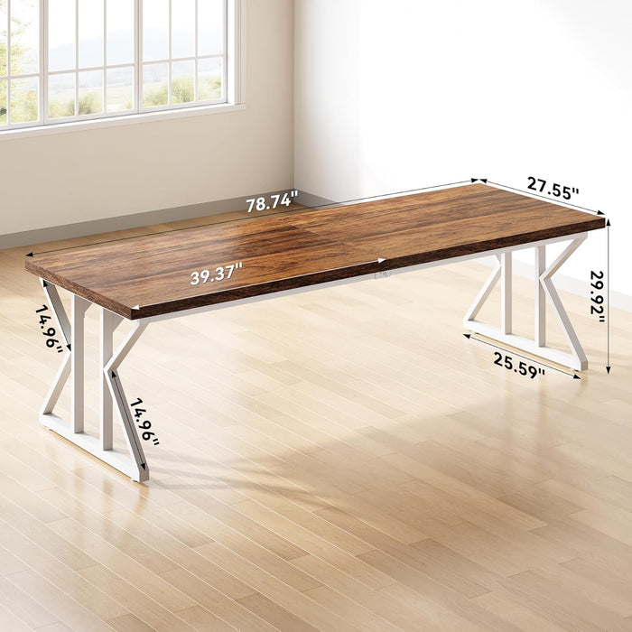 78.7 Inch Large Executive Desk, Modern Computer Office Desk, Wooden Writing Desk Study Table for Home Office, Rustic Brown-White