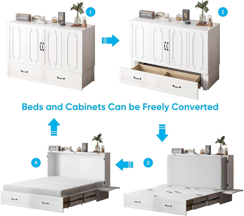 Murphy Bed, Queen Size Cabinet Bed with USB Ports & 2 Large Drawers, Hidden Guest Beds with Tri-Folding Mattress, Multifunctional Adult Murphy Cube Beds for Guest Room Bedroom Offices, White
