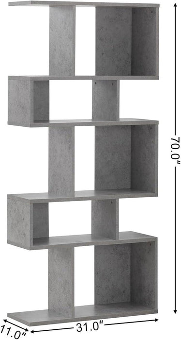5-Tier Geometric Bookshelf Set of 2, 70'' Tall Wood Freestanding Decorative Display Open Shelves with Anti-Tipping Device, Each Shelf Holds up to 44 Lbs, Wooden S Shaped Bookcase, Gray