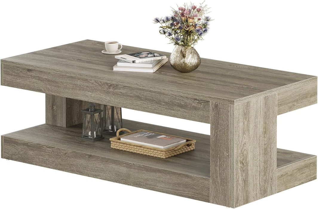 Coffee Table for Living Room, 47.24 Inch Farmhouse 2-Tier Accent Center Tea Cocktail Table with Storage, Elegant Grey, Rectangular