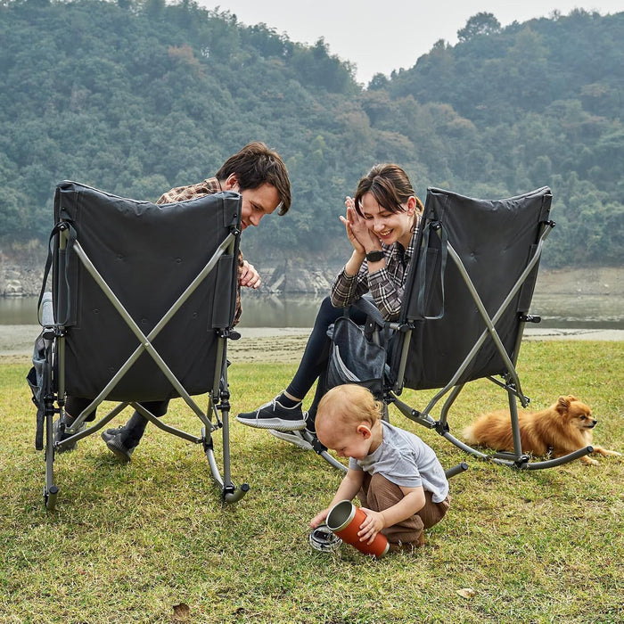 Oversized Folding Rocking Camping Chair, Padded Portable Rocker Chair for Patio, Lawn and Outdoors, Heavy Duty Hard Armchair for Adults Supports 400Lbs, Grey