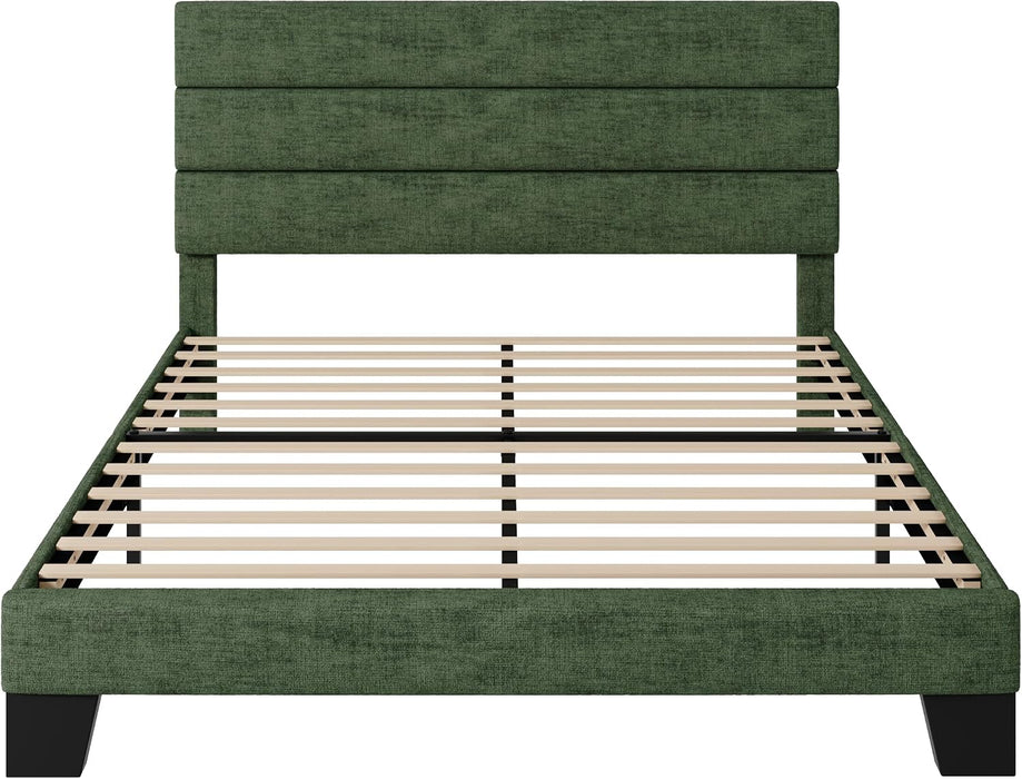 Queen Size Platform Bed Frame with Fabric Upholstered Headboard and Wooden Slats Support, Fully Upholstered Mattress Foundation/No Box Spring Needed/Easy Assembly, Green
