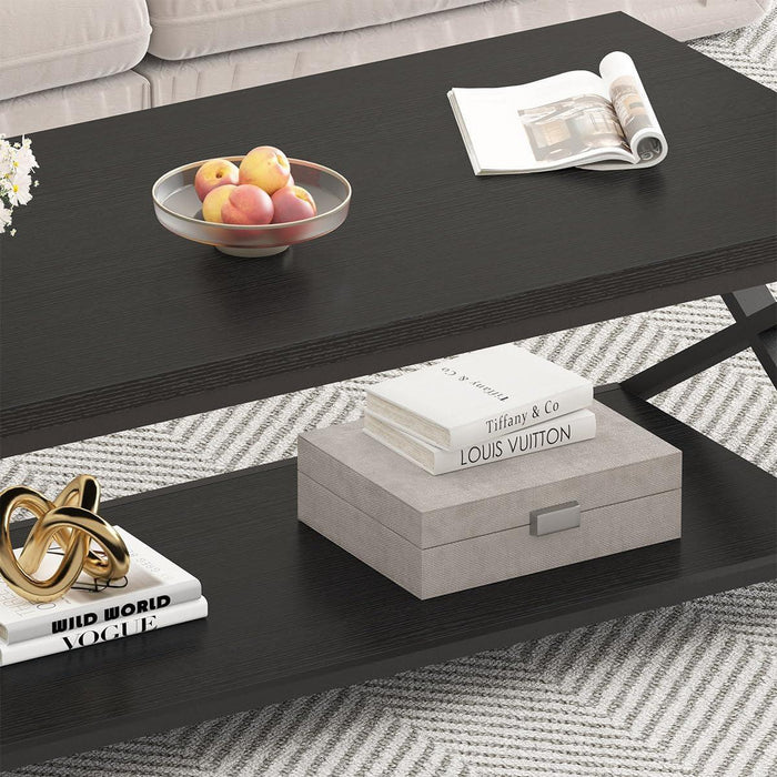 Black Coffee Table Modern, 47 Inch Simple Rectangle Cocktail Table with Storage Display Shelf, 2 Tier Minimalist Industrial Wooden and Metal Center Tea Table for Living Room Office, Black Oak
