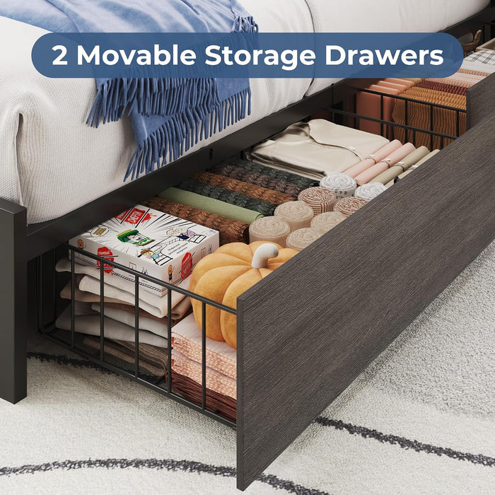 Twin Bed Frame with 2-Tier Storage Headboard, Twin Size Metal Bed Frame with 2 Storage Drawers, 3-In-1 Charging Station & RGB LED, Noise-Free/Metal Support/No Box Spring Needed, Rustic Grey