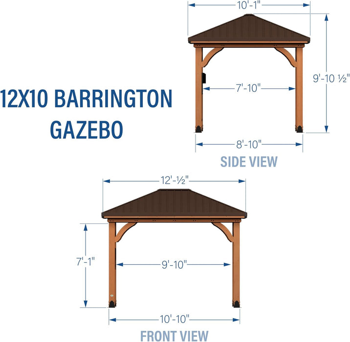 Barrington 12 Ft. X 10 Ft. Hip Roof Cedar Wood Gazebo Pavilion, Shade, Rain, Hard Top Steel Metal Roof, All Weather Protected, Wind Resistant up to 100 Mph, Holds up to 6,550 Lbs