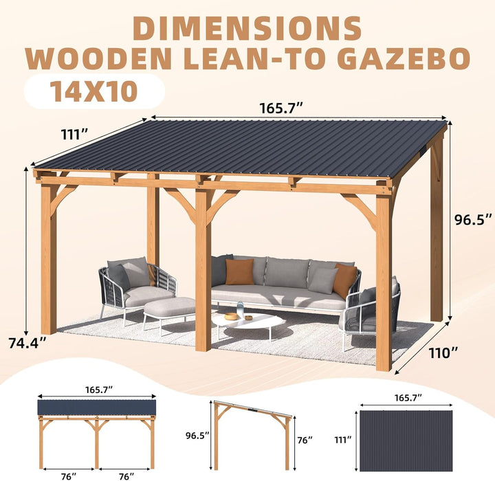 14' X 10' Outdoor Wood Ceder Gazebo for Patio, 10X14 Outdoor Lean to Hardtop Pergolas and Gazebos Clearance, Wall Mounted Wooden Gazebo Heavy Duty Metal Awnings for Patio, Decks, Backyard