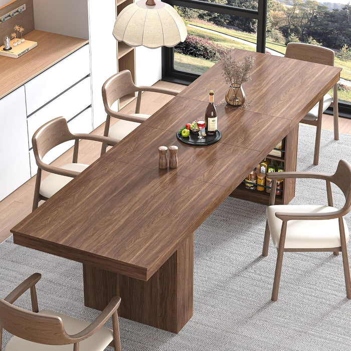 72-110 in Rectangular Extra Large Extendable Dining Table W/Storage for 6 10 12 People,Modern Farmhouse Long Wooden Kitchen Tables,Mid-Century,Double Pedestal Base for Kitchen, Dinner, Meeting,Walnut
