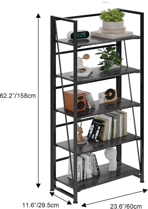 Vintage Multifunctional Folding Bookshelf, No-Assembly Plant Stand Storage Rack Shelves for Home Office (Gray, 5-Tier)