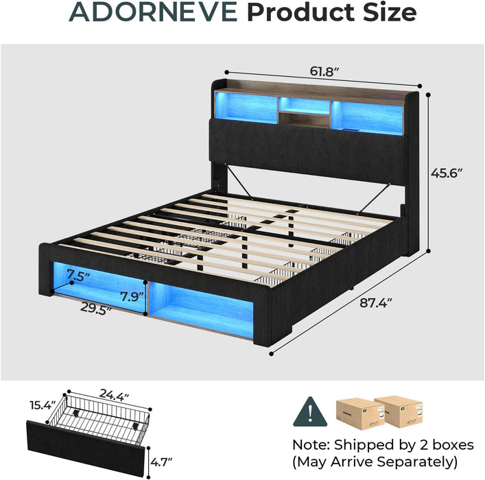 Queen Bed Frame with 4 Storage Drawers, 2 Footboard Cubbies and RGB Lights, Corduroy Upholstered Platform Bed with Charging Station and Storage Headboard, No Box Spring Needed, Black