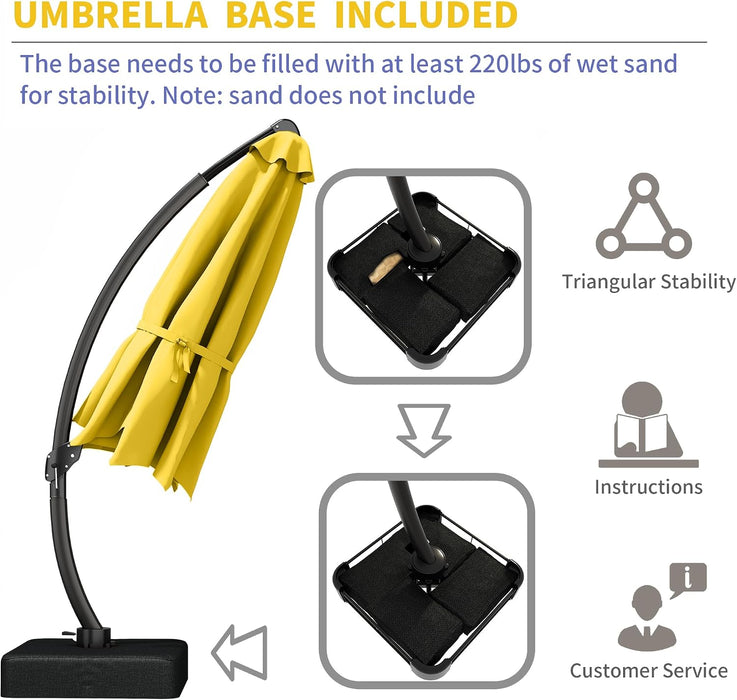 11Ft Offset Cantilever Patio Umbrella with Base Included, Large round Aluminum Outdoor Umbrella, 360° Rotation & Infinite Tilt, Heavy Duty Frame for Deck Pool Backyard, Yellow