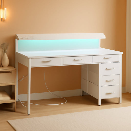 Gaming Desk with 6 Drawers, Computer Desk with LED Lights Power Outlets and Type-C, 47 Inch Office Desk with Storage, Monitor Stand, Writing Desk Work Desk Home Office, Bedroom, Study, White