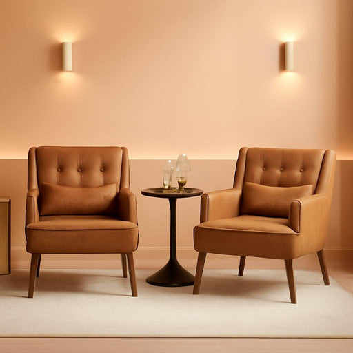 Accent Chair, Living Room Chair Mid Century PU Leather Armchair Lumbar Pillow, Comfy Upholstered Reading Chair Wood Leg Bedroom Brown 2PCS