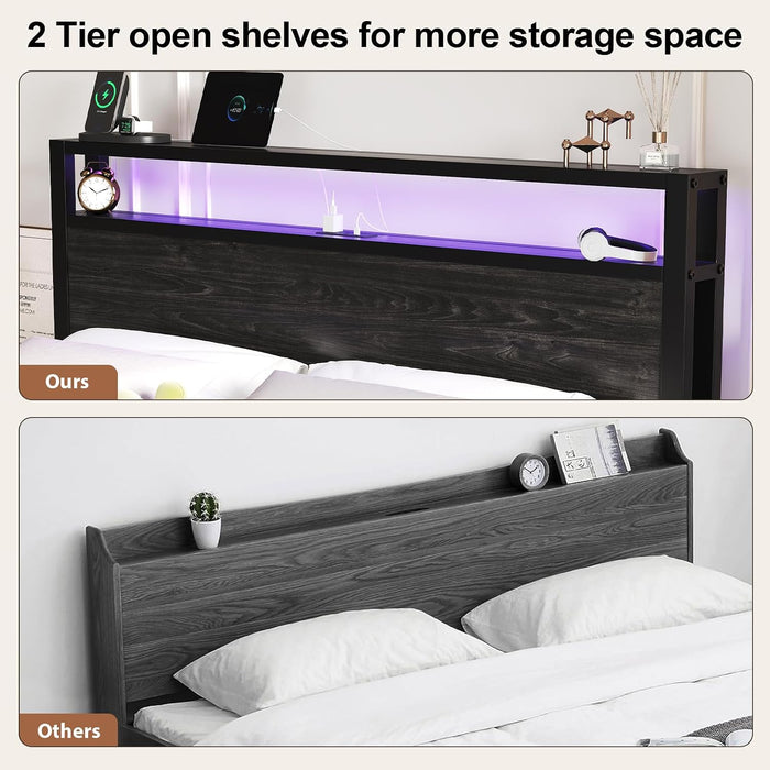 Full Size Bed Frame with LED Lights and Charging Station, Black