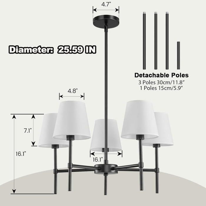 Dining Room Chandeliers Light - 5-Light 25.6 Inch Black Modern Chandeliers Light Fixtures with White Fabric Shade, Height Adjustable Pendant Island Lights for Entryway Farmhouse