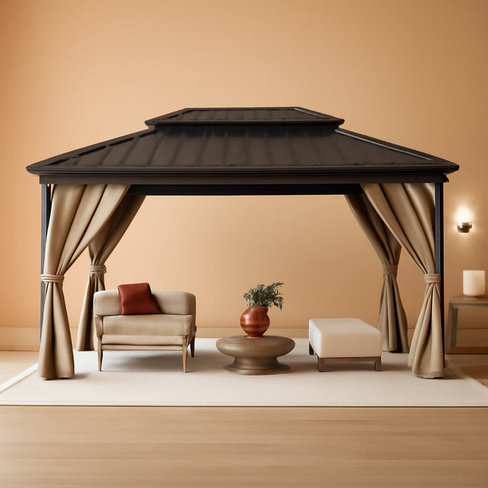 10X12 FT Aluminum and Iron Double Roof Gazebo, Galvanized Steel Panels, Durable and Weather-Resistant, Khaki Curtain, Ideal for Patio, Garden, and Outdoor Living Spaces