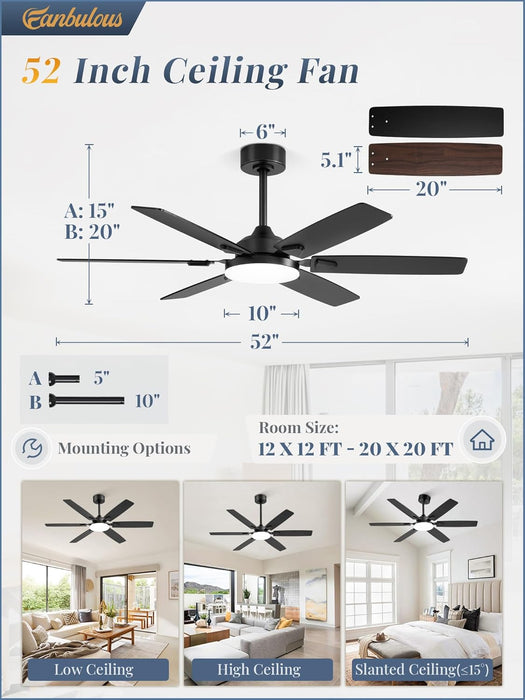 52 Inch Ceiling Fans with Lights, Indoor/Outdoor Modern Ceiling Fan with Reversible Blade and 2 Rods, Quiet DC Motor, 3CCT & 6-Speed Remote Control, Dual Finish Blade for Living Room/Bedroom