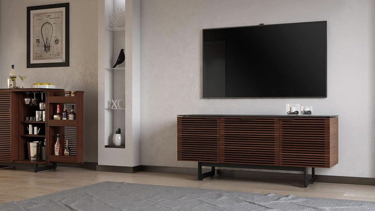 Corridor 8177-65'' TV Stand for Tvs up to 70" with Soundbar Shelf, Storage Drawer, Cable Management, Remote-Friendly Louver Doors, Satin-Etched Glass Top, Chocolate Stained Walnut