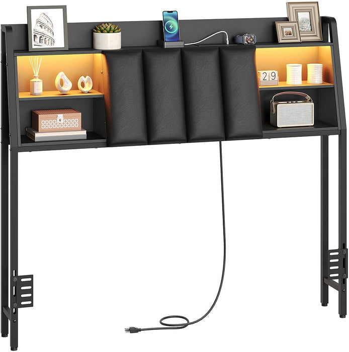 Upholstered Headboard Full Size with Storage, Headboard with Charging Station and LED Light Strip, Padded Backrest and Open Storage Shelf, Metal Frame Adapter, for Full Bed Frames, Black