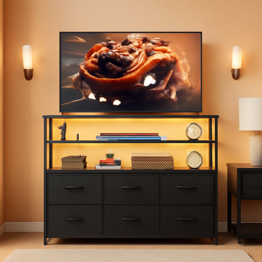 Led Dresser TV Stand for Bedroom, Entertainment Center with LED Lights and Power Outlet, 6 Drawer Drawer Dressers with Double Open Shelves, Black TV Stands