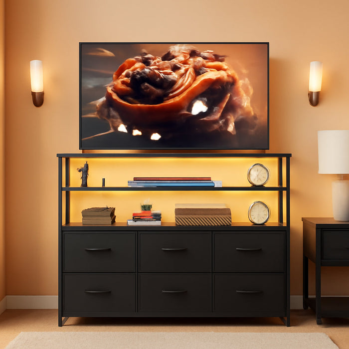 Led Dresser TV Stand for Bedroom, Entertainment Center with LED Lights and Power Outlet, 6 Drawer Drawer Dressers with Double Open Shelves, Black TV Stands