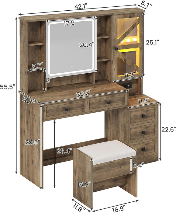 Farmhouse Vanity Desk with Mirror and Lights, Makeup Vanity Set with Lights & Jewelry Cabinet & 5 Drawers, Vanity Table with Charging Station, Hidden Storage Space for Bedroom, Brown