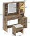 Farmhouse Vanity Desk with Mirror and Lights, Makeup Vanity Set with Lights & Jewelry Cabinet & 5 Drawers, Vanity Table with Charging Station, Hidden Storage Space for Bedroom, Brown