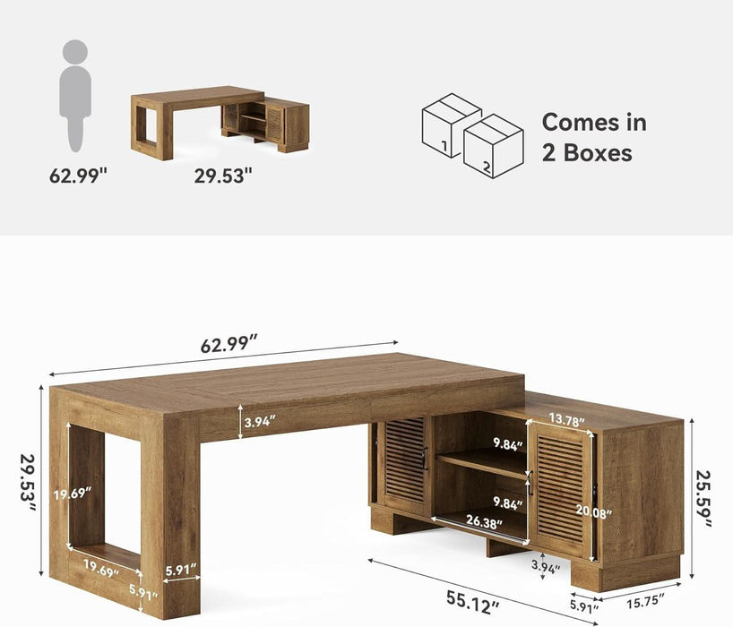 Brown 63InchLong LShaped Desk With Sliding Cabinets