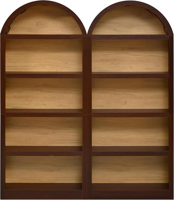 Farmhouse Bookshelf Set of 2, Freestanding Tall Bookcase with Two-Tone Finish & Fabric Arched Top, 5-Tier Open Storage Cabinet for Living Room, Home Office, Bedroom, Walnut