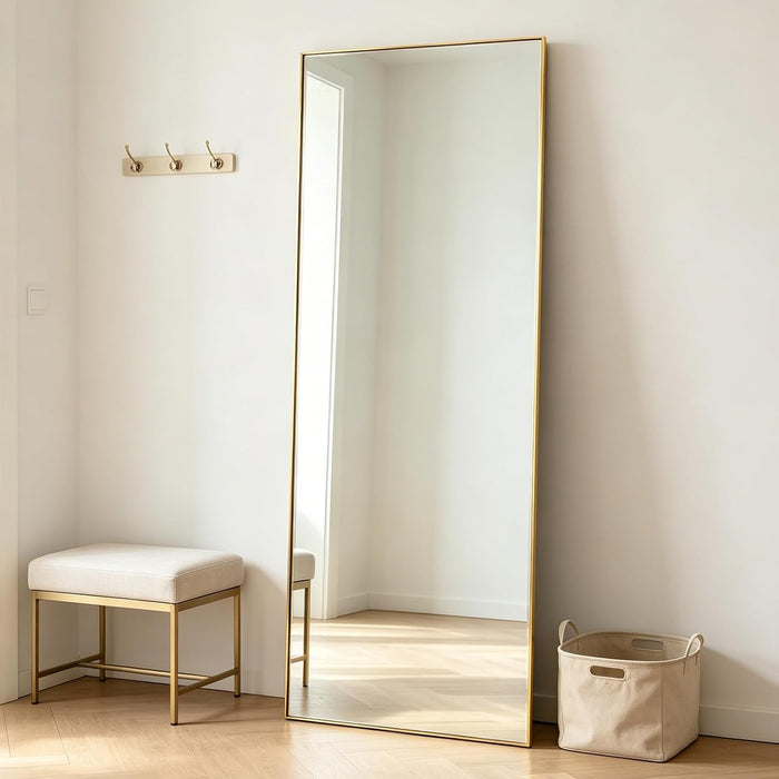 Full Length Mirror 56"X16" Floor Mirror with Stand, Gold Full Body Wall Mirror Standing Hanging or Leaning against Bedroom Mirrors for Entry, Living Room