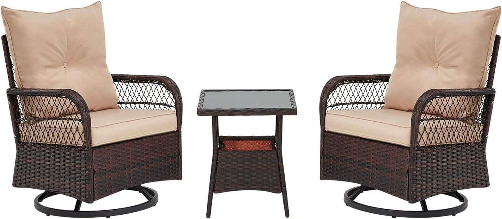 3 Piece Patio Set, Outdoor Swivel Rocker Patio Chairs with Thick Cushions and Glass Table for Balcony Front Porch Poolside Garden Deck, Beige