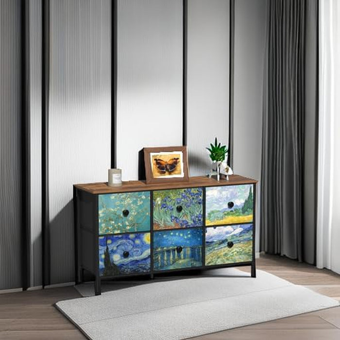 6 Drawer Dresser for Bedroom Van Gogh Chest of Drawers Wide TV Stands Fabric Storage Drawer Unit for Living Room Entryway Closet Sturdy Steel Frame Wood Top