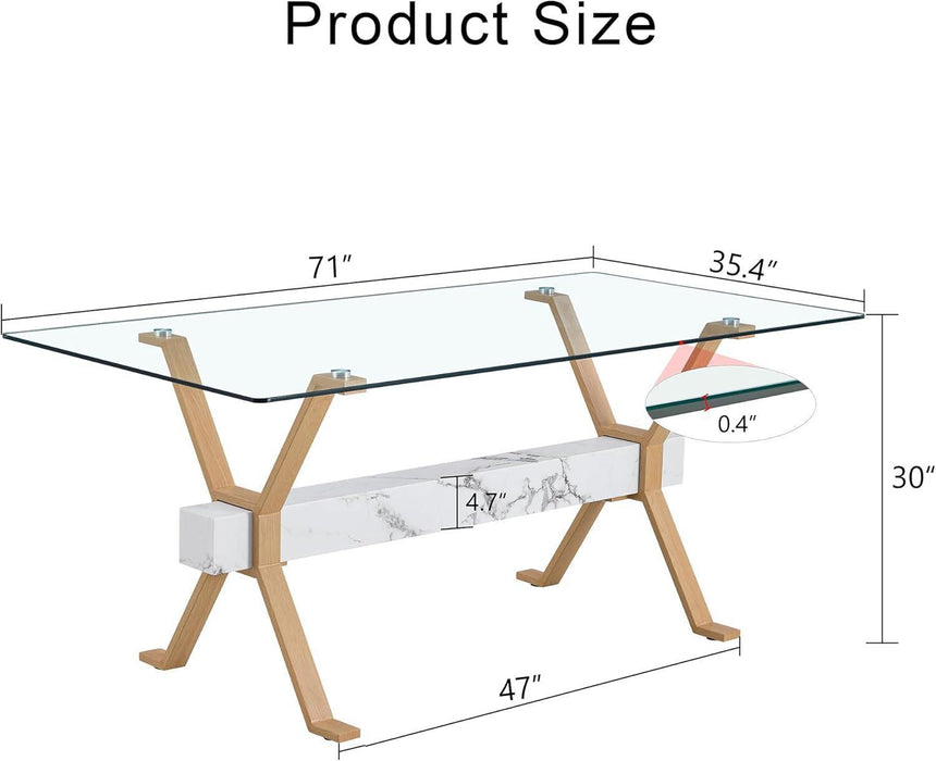 Glass Dining Table 71"｜Modern Dining Table for 6-8｜0.4" Thick Tempered Glass Top｜Wood Pattern Metal Legs｜Marble Crossbar｜Easy Assembly｜Perfect for Dining Room or Kitchen