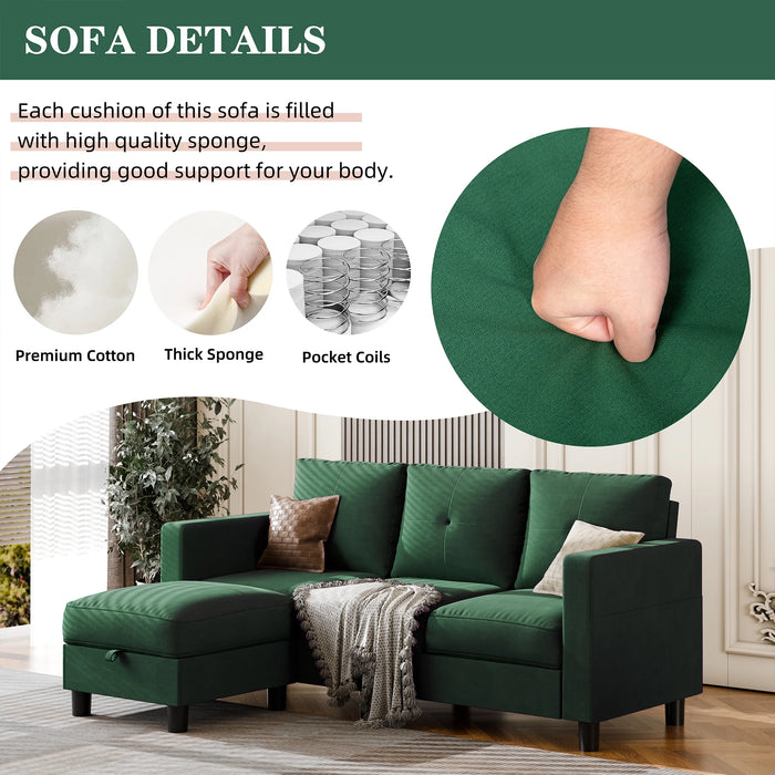 Convertible Sectional Sofa Couch L Shaped Couch Sofa for Living Room Small 3 Seater Sofa Couch with Storage Ottoman and Side Pockets(Green)