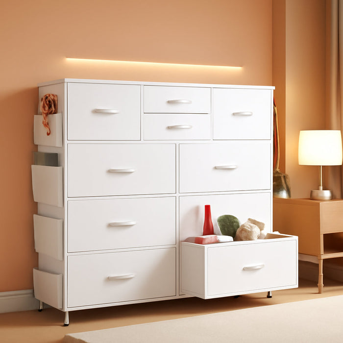 White Dresser for Bedroom with 10 Drawers, Chest of Drawers with Side Pockets and Hooks, PU Storage Dresser, Sturdy Metal Frame, Drawers Organizer Unit for Living Room, Hallway, Closet