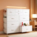 White Dresser for Bedroom with 10 Drawers, Chest of Drawers with Side Pockets and Hooks, PU Storage Dresser, Sturdy Metal Frame, Drawers Organizer Unit for Living Room, Hallway, Closet